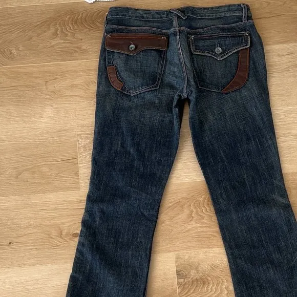 NWT Vintage Blue Cult Sacred Blue Leather Trim Jeans, Size 29; 34&quot; Inseam.