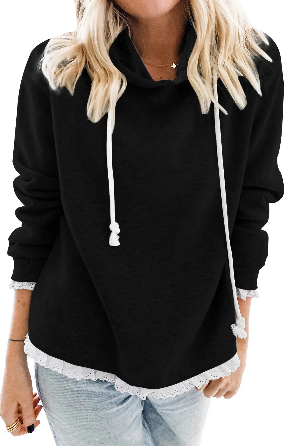 Plain Hoodie with Lace Trims