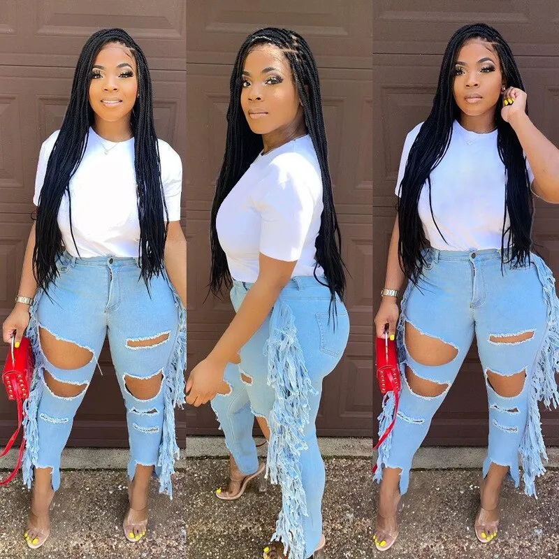 Plus Size Tassel Ripped Mid Waist Jeans