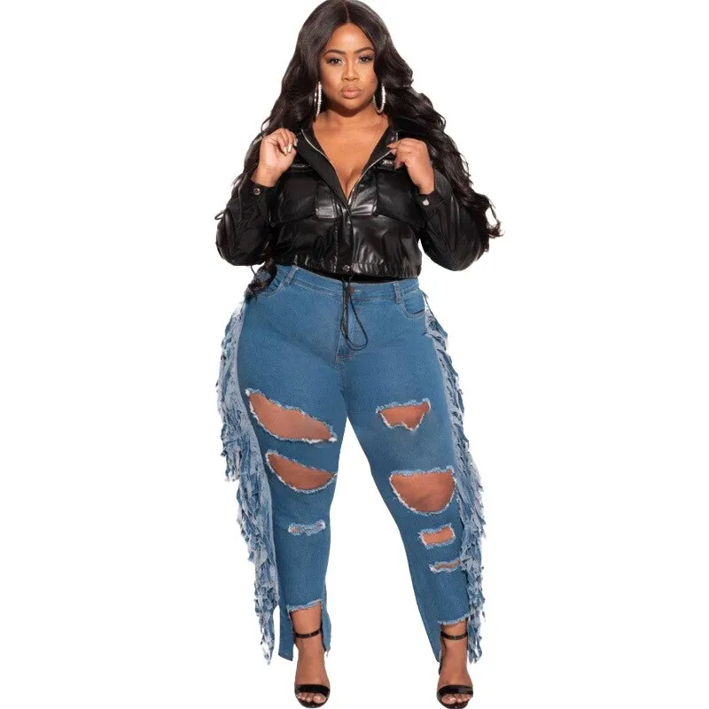 Plus Size Tassel Ripped Mid Waist Jeans