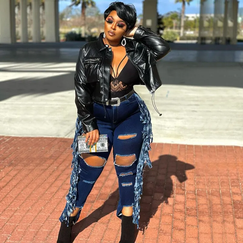 Plus Size Tassel Ripped Mid Waist Jeans