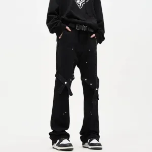 Pure Black Jeans Men's Autumn Trendy Tied Design Sensibility Bootcut Pants Couple Functional