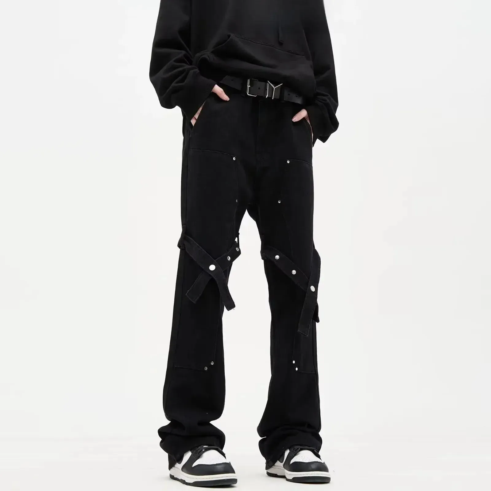 Pure Black Jeans Men's Autumn Trendy Tied Design Sensibility Bootcut Pants Couple Functional