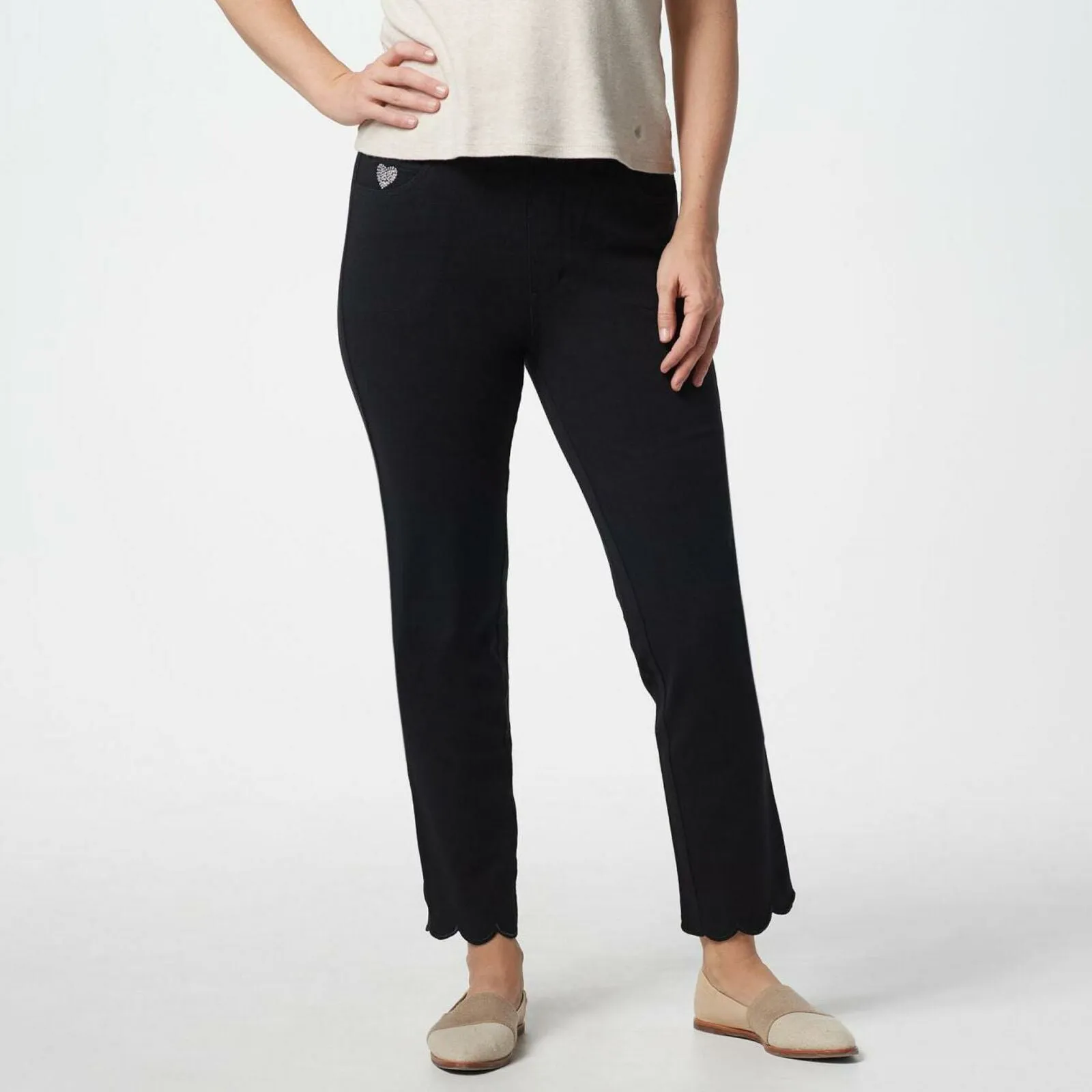 Quacker Factory Women's DreamJeannes Pull-on Scalloped Ankle Pants
