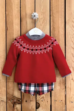 "Benjamin" Red Knit Jumper, Shirt & Tartan Jam Pants