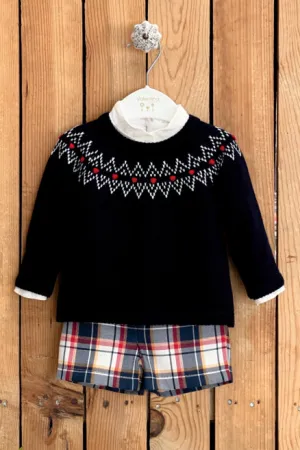 "Harrison" Navy Knit Jumper, Shirt & Tartan Jam Pants
