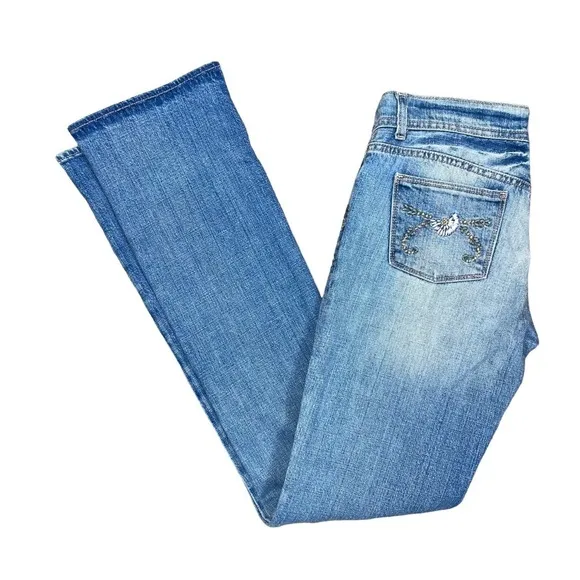 Ralph Lauren floral embroidered bootcut distressed bootcut jeans.