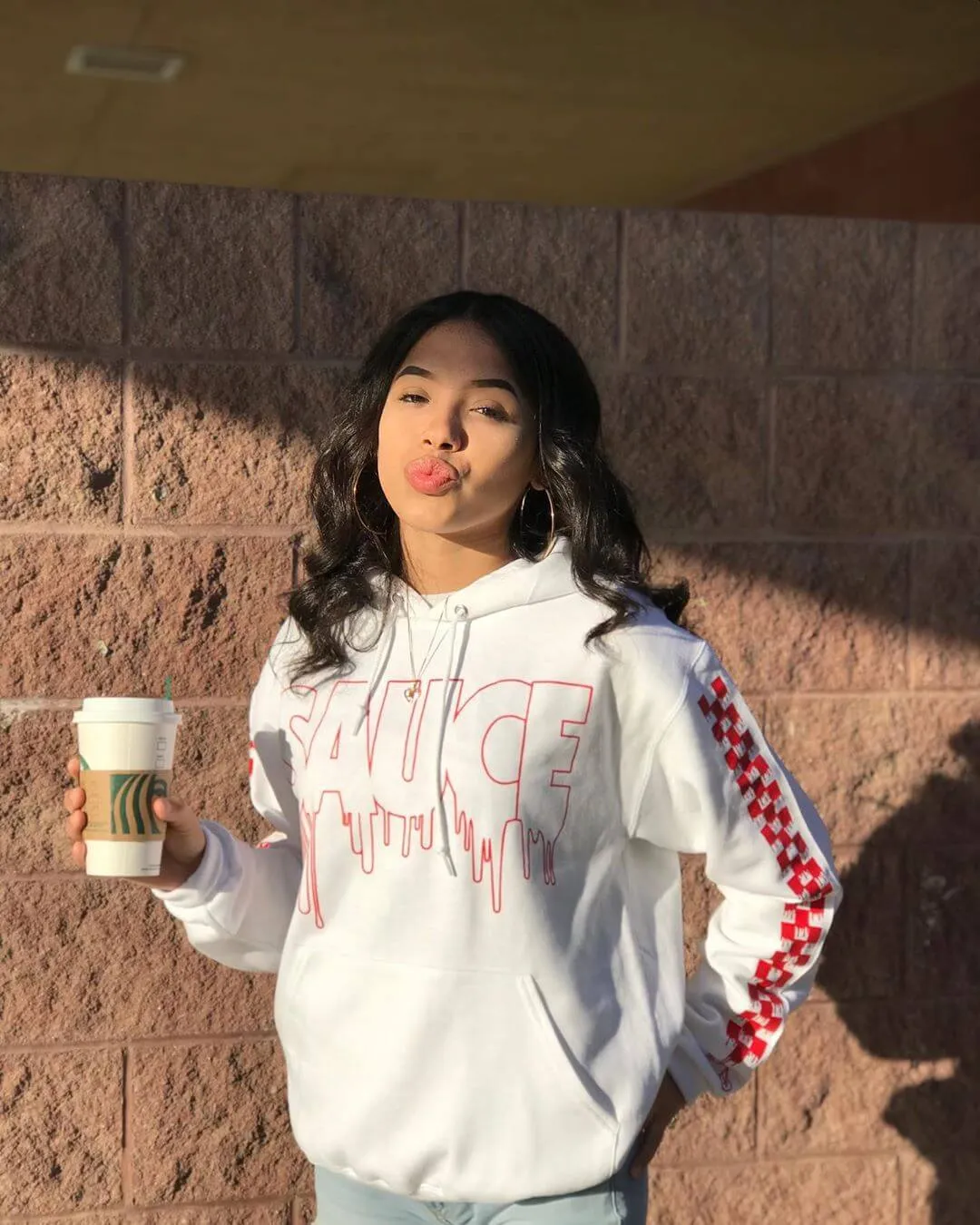 Red Sauce Outline | White Hoodie (Solid Checkered Drippin Sleeve)