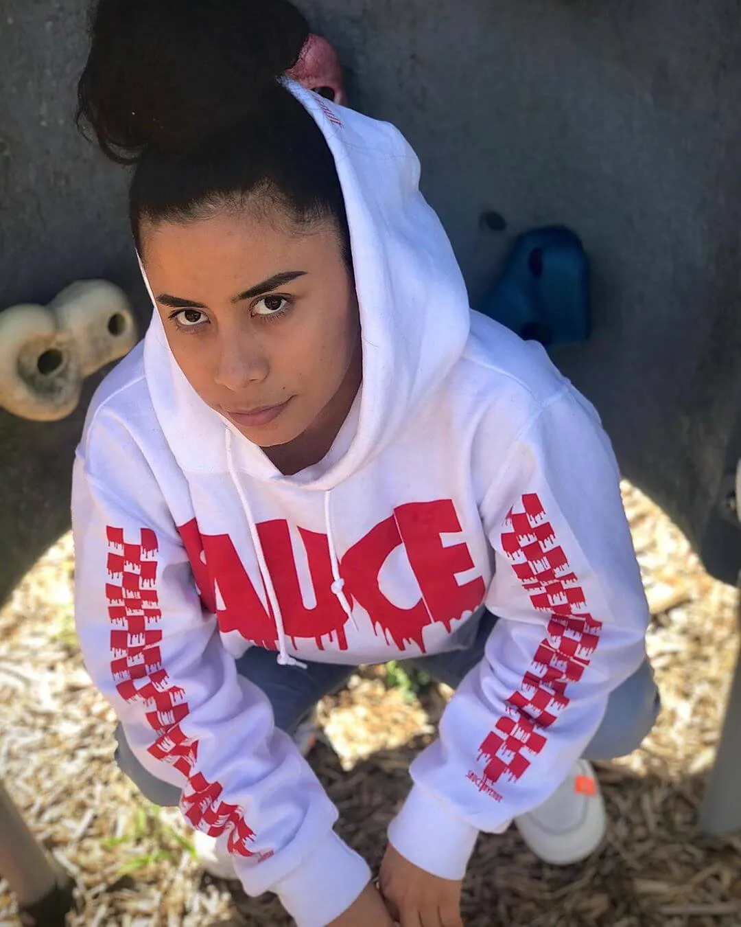 Red Sauce | White Hoodie (Solid Checkered Drippin Sleeve)