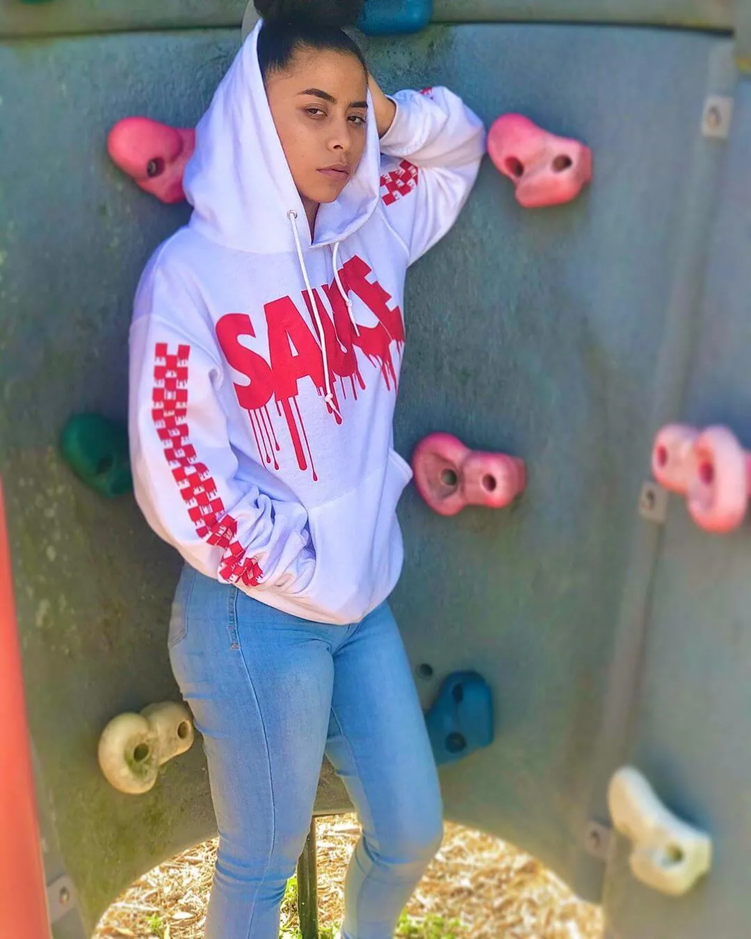 Red Sauce | White Hoodie (Solid Checkered Drippin Sleeve)