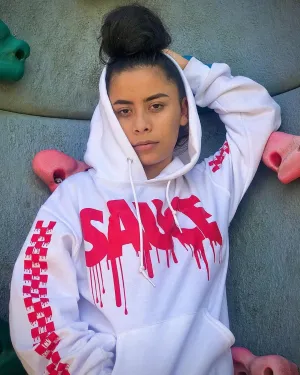 Red Sauce | White Hoodie (Solid Checkered Drippin Sleeve)