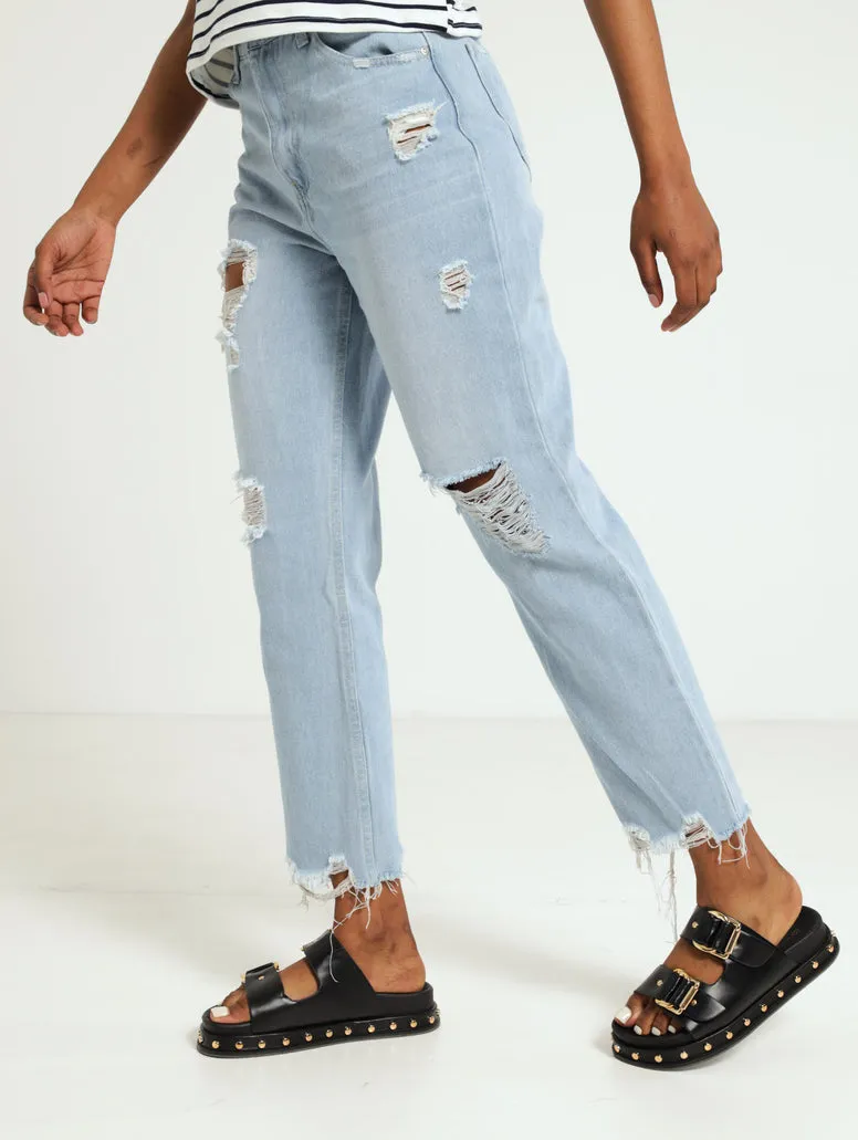 Ripped Hem Mom Jean - Salty Light Wash