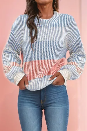 Ryder Colorblock Lantern Sleeve Rib Knitted Sweater - Blue