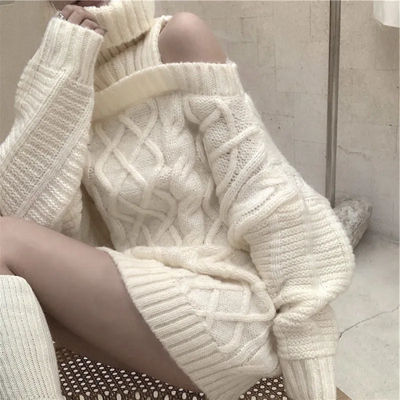 Sexy Off Shoulder Solid Turtleneck Knitted Sweater