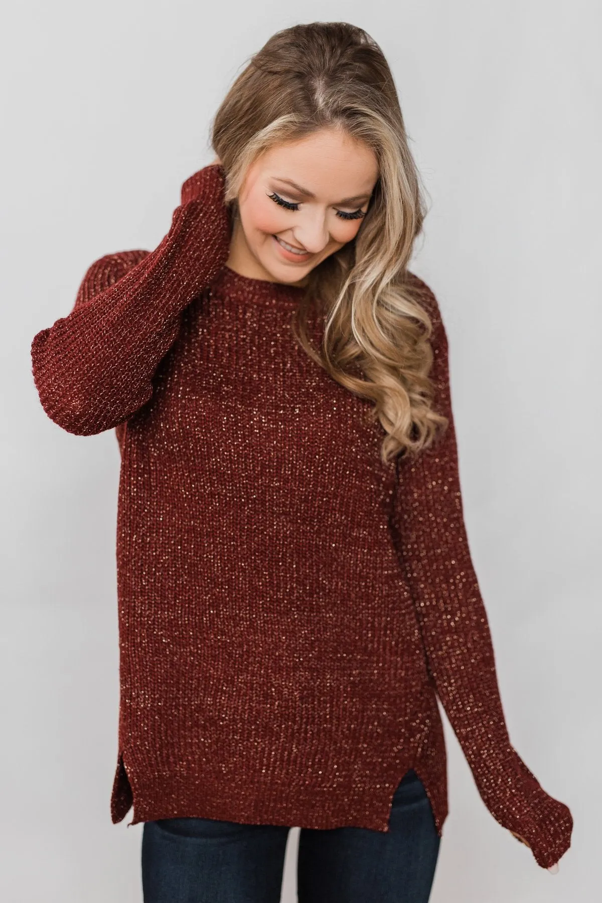 Shimmer All Night Long Knitted Sweater- Burgundy