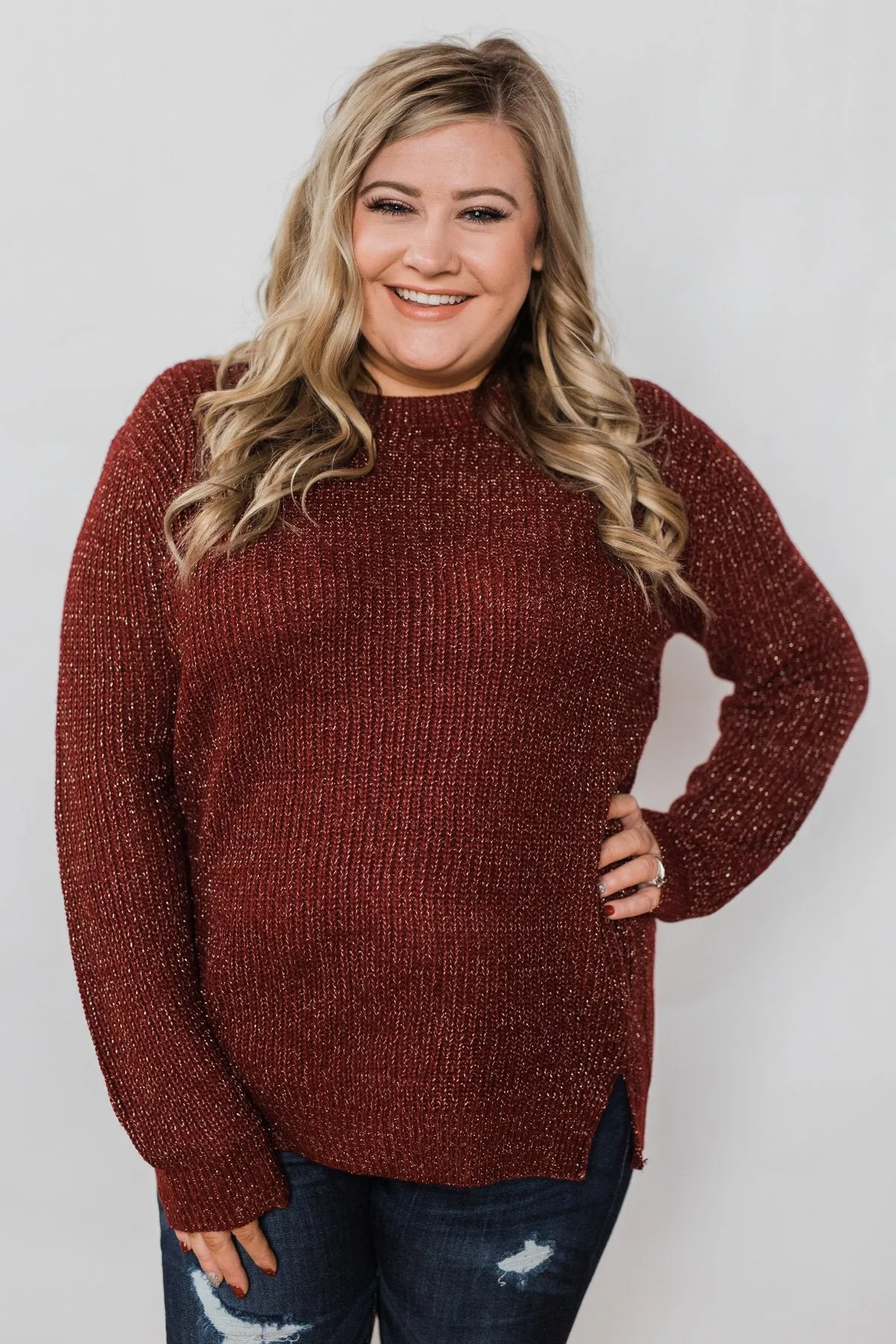 Shimmer All Night Long Knitted Sweater- Burgundy