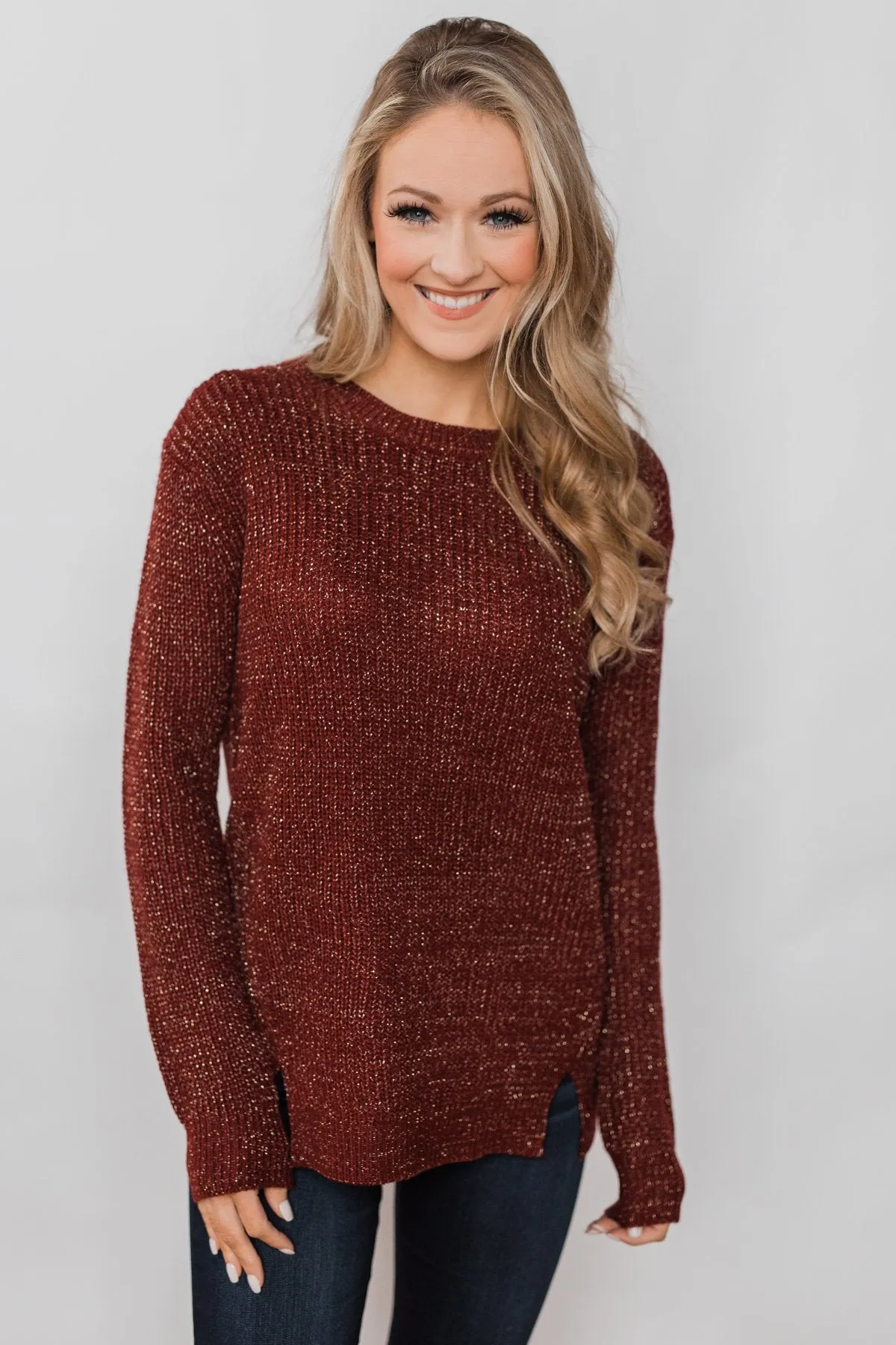 Shimmer All Night Long Knitted Sweater- Burgundy