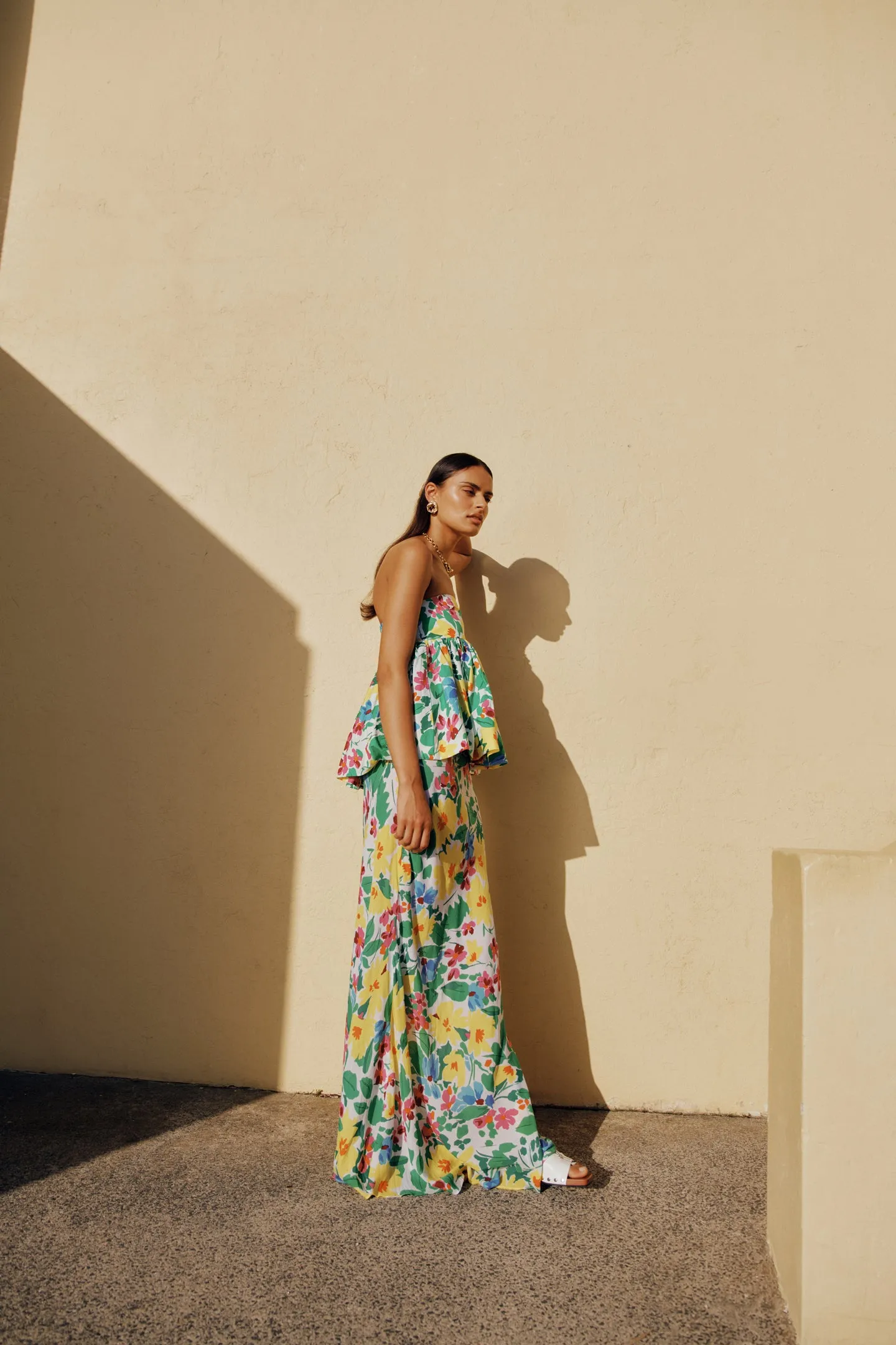 Strapless Ruffled Top | Straight Leg Pant