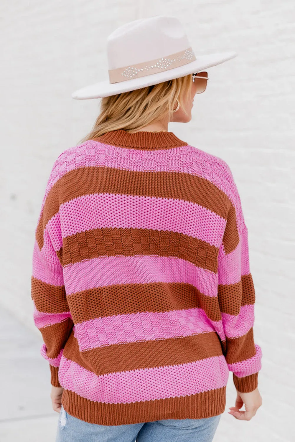 Stripes Textured Knitted Drop Shoulder Sweater