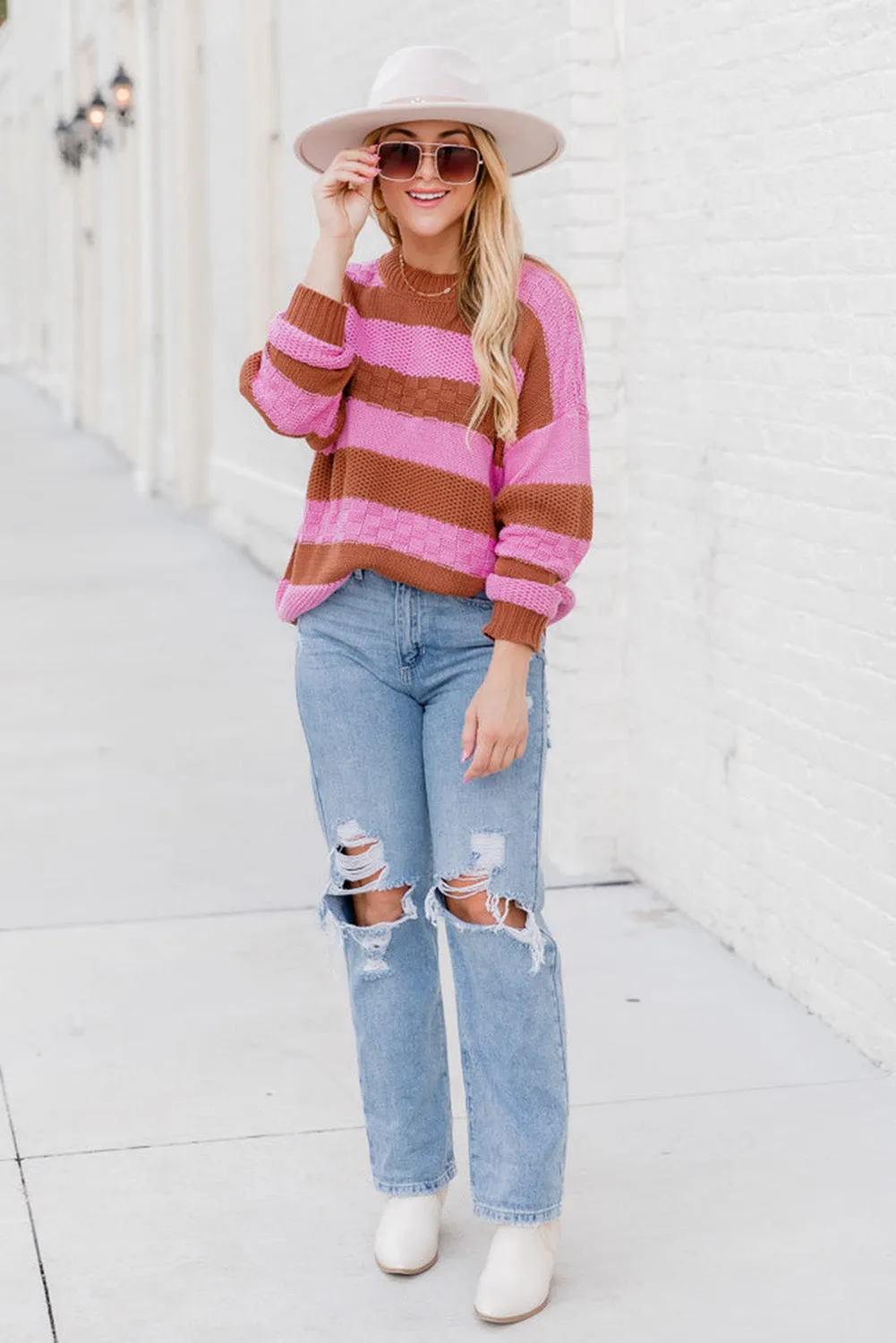 Stripes Textured Knitted Drop Shoulder Sweater