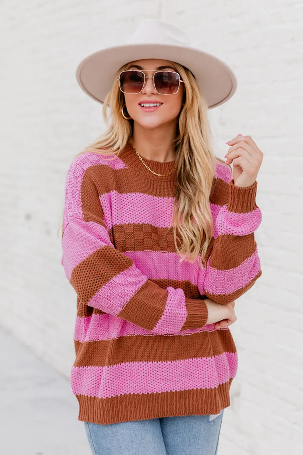 Stripes Textured Knitted Drop Shoulder Sweater