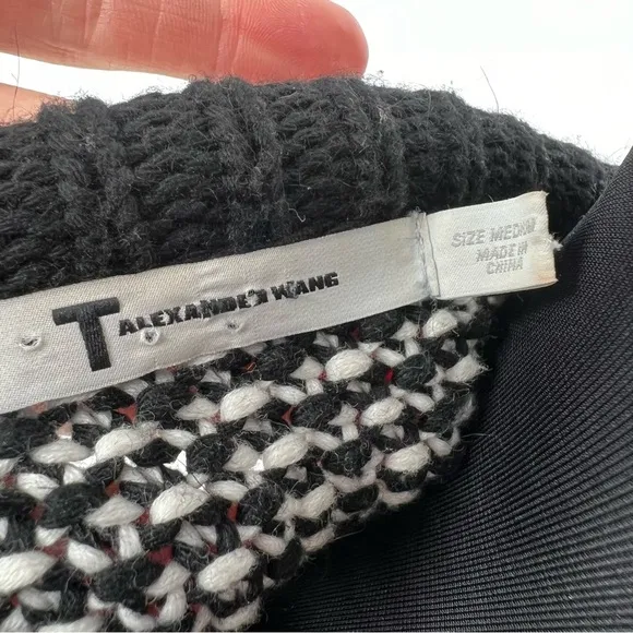 T By Alexander Wang Oversized Black and White Checkered Float V Chunky Sweater