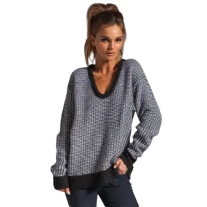 T By Alexander Wang Oversized Black and White Checkered Float V Chunky Sweater