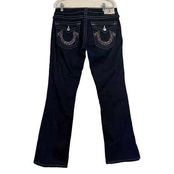 True Religion Becky Bootcut Dark Wash Low Rise Pink Jewels Jeans Size 30