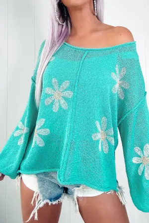 Turquoise Raw Edge Daisy Knitted Drop Shoulder Sweater