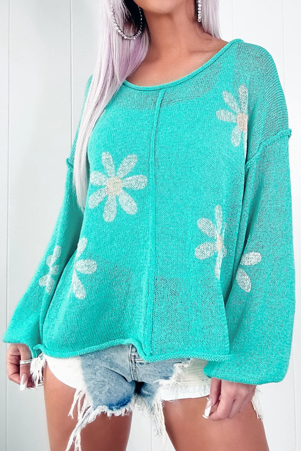 Turquoise Raw Edge Daisy Knitted Drop Shoulder Sweater