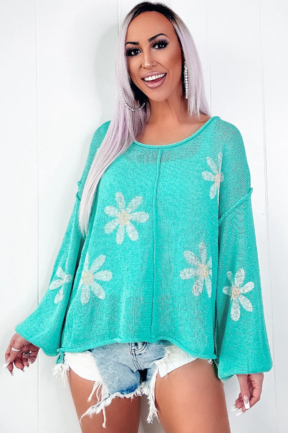 Turquoise Raw Edge Daisy Knitted Drop Shoulder Sweater