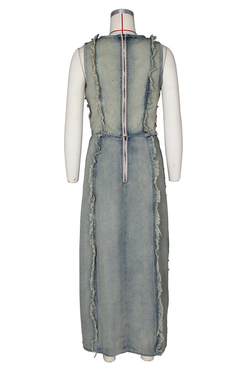 UM0496 Ripped Denim Tank and Skirt Set