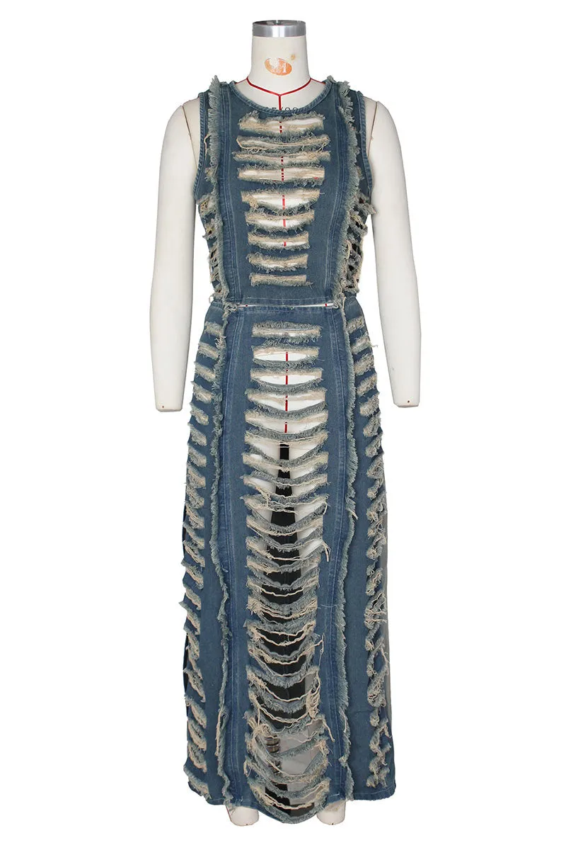 UM0496 Ripped Denim Tank and Skirt Set