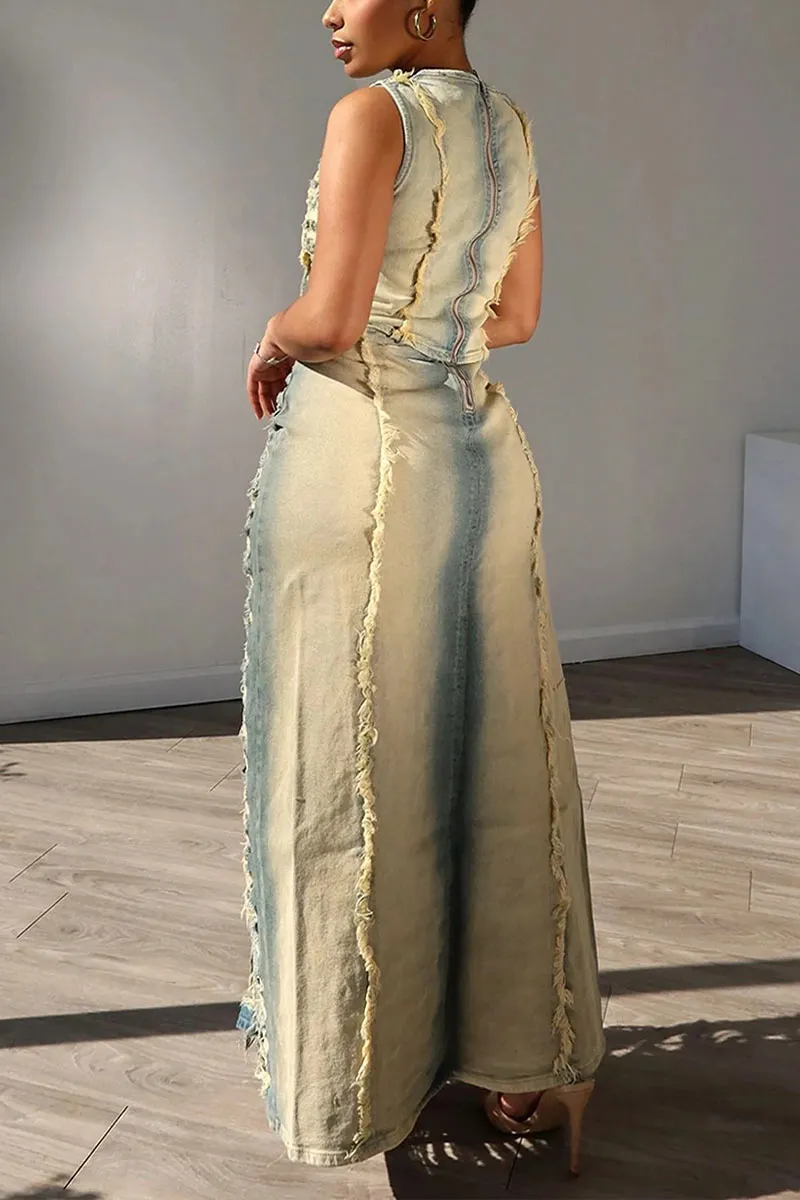 UM0496 Ripped Denim Tank and Skirt Set