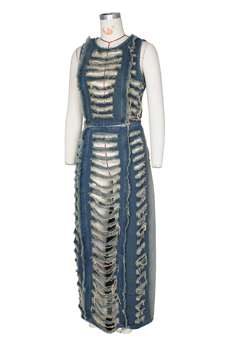UM0496 Ripped Denim Tank and Skirt Set