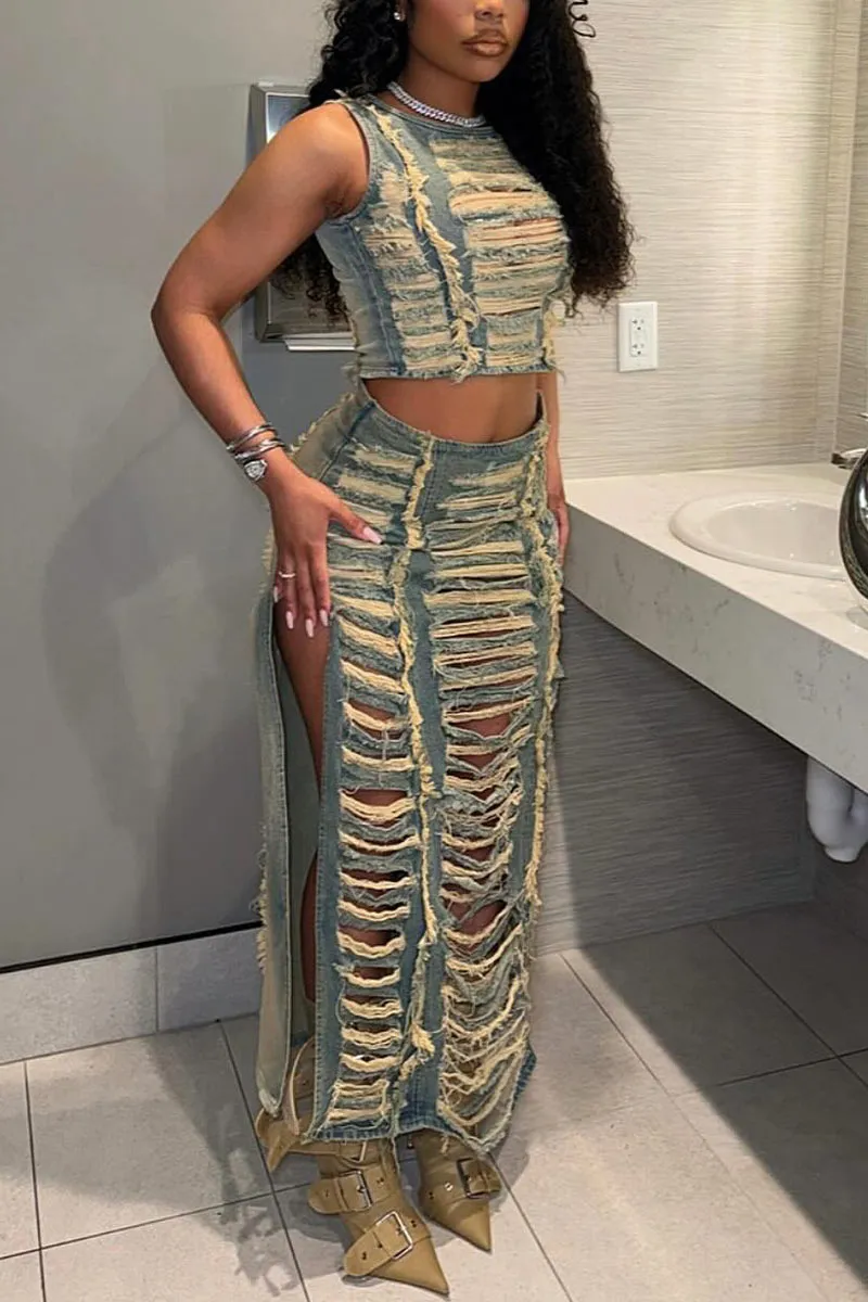 UM0496 Ripped Denim Tank and Skirt Set