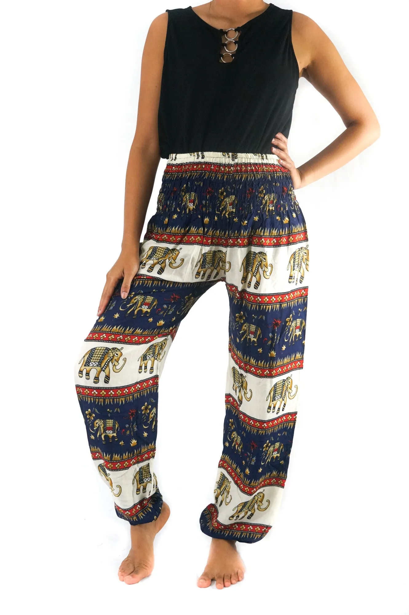 Unisex Bohemian Elephant Striped Harem Pants- Navy/White