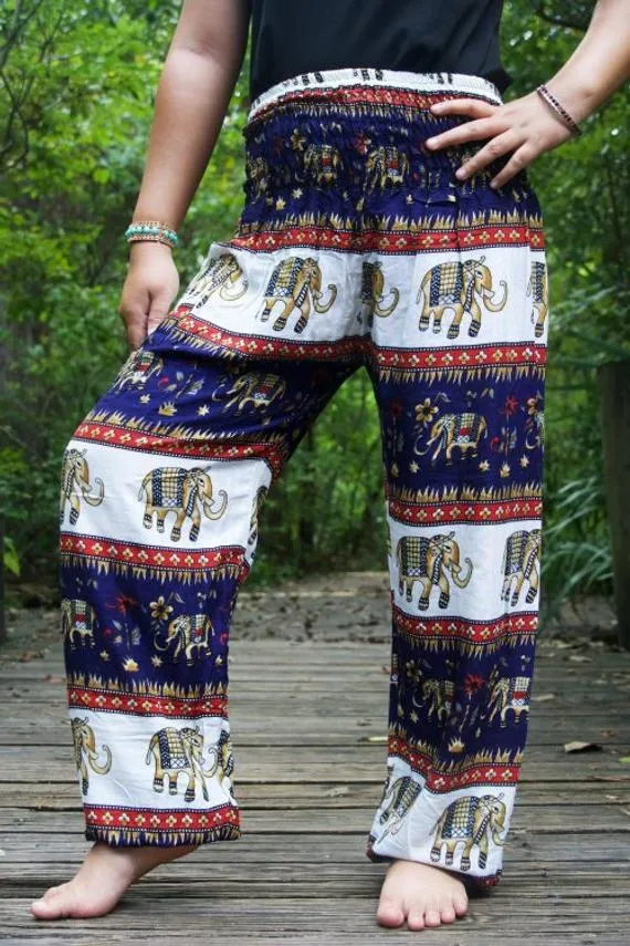 Unisex Bohemian Elephant Striped Harem Pants- Navy/White