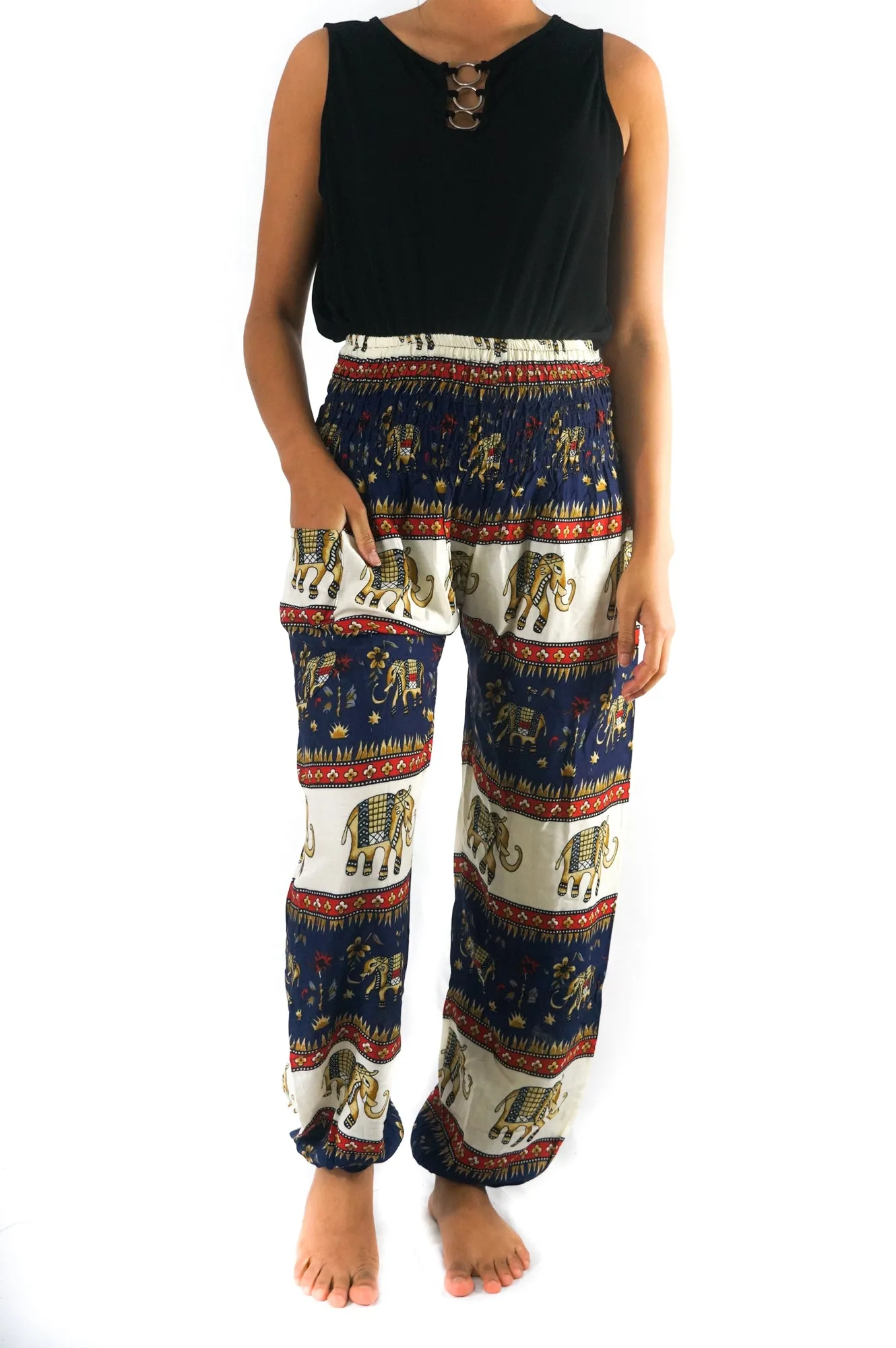 Unisex Bohemian Elephant Striped Harem Pants- Navy/White
