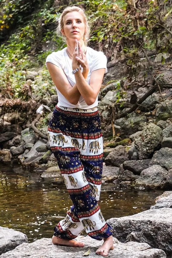 Unisex Bohemian Elephant Striped Harem Pants- Navy/White