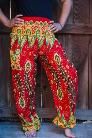 Unisex Bohemian Peacock Feather Paisley Harem Pants- Red Multi