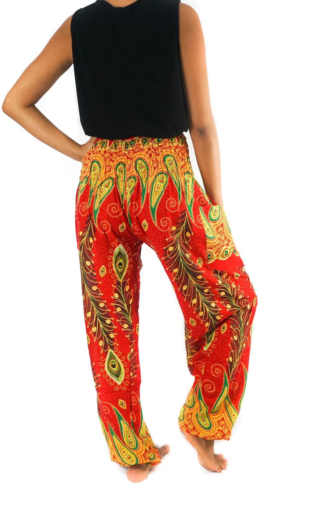 Unisex Bohemian Peacock Feather Paisley Harem Pants- Red Multi