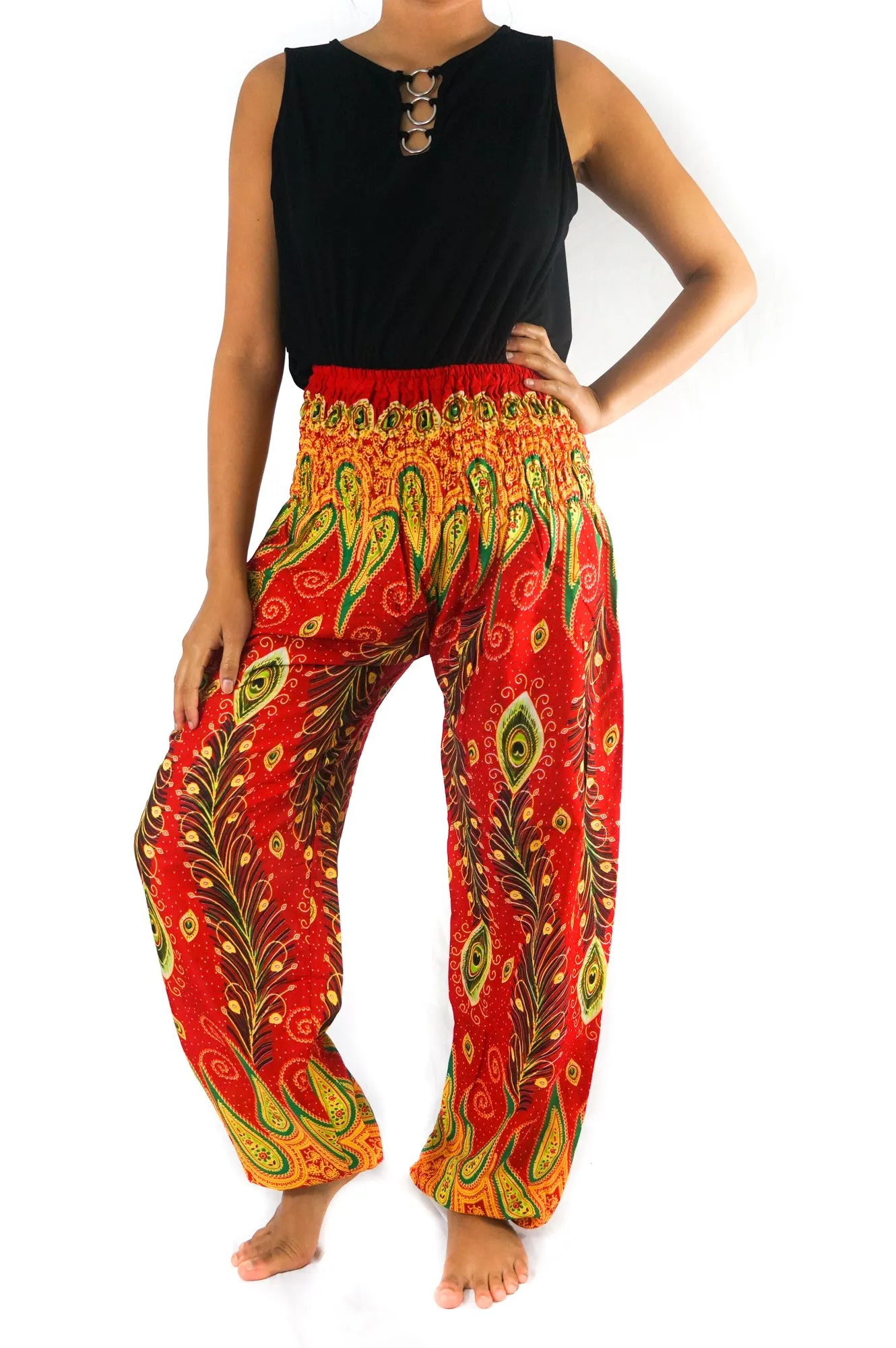 Unisex Bohemian Peacock Feather Paisley Harem Pants- Red Multi