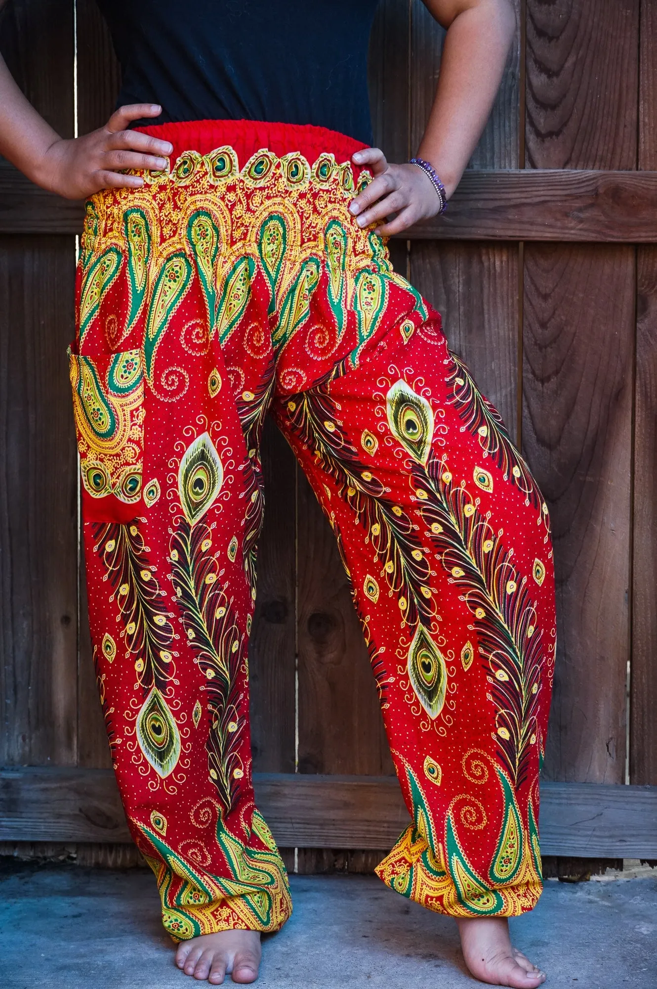 Unisex Bohemian Peacock Feather Paisley Harem Pants- Red Multi
