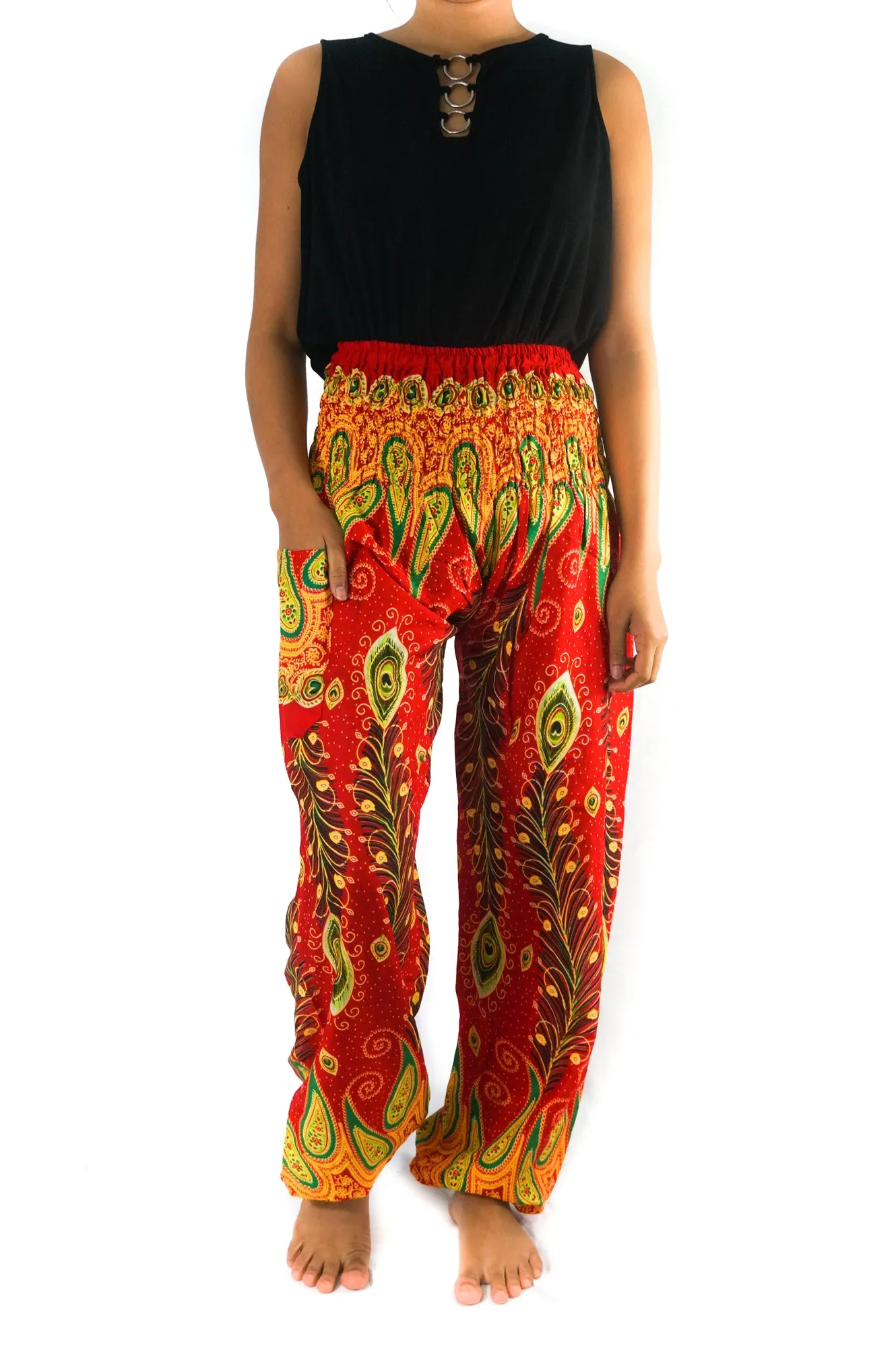 Unisex Bohemian Peacock Feather Paisley Harem Pants- Red Multi