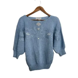 Vintage Womens Blue Chunky Knit Embroidered Embellished Dolman 3/4 Sweater Large