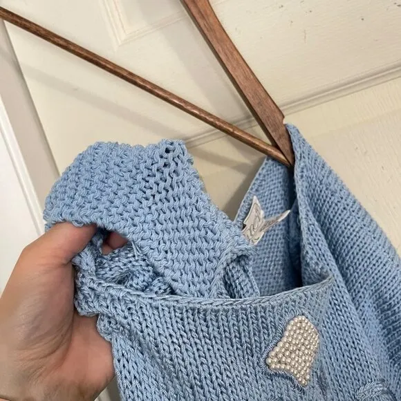 Vintage Womens Blue Chunky Knit Embroidered Embellished Dolman 3/4 Sweater Large