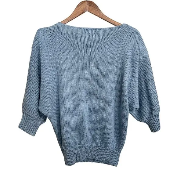 Vintage Womens Blue Chunky Knit Embroidered Embellished Dolman 3/4 Sweater Large