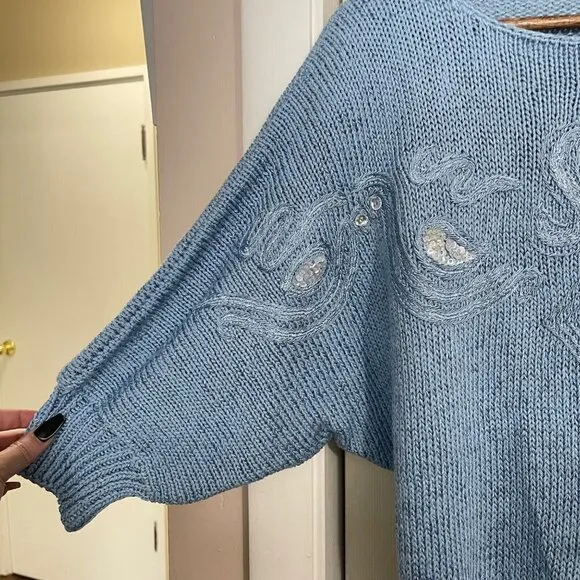 Vintage Womens Blue Chunky Knit Embroidered Embellished Dolman 3/4 Sweater Large