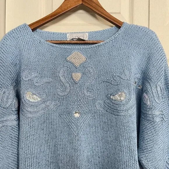 Vintage Womens Blue Chunky Knit Embroidered Embellished Dolman 3/4 Sweater Large